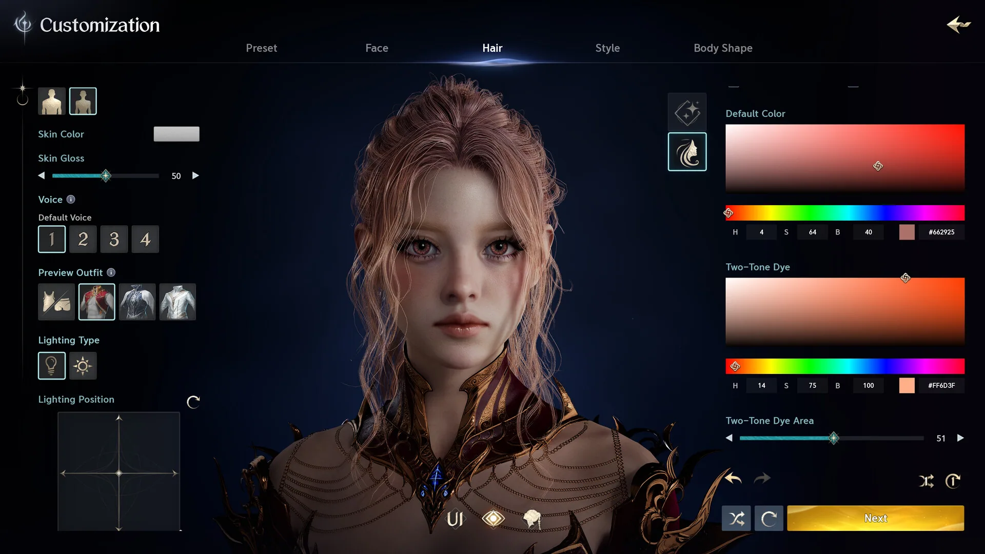 Character creation hair, dye, and body-shape sliders