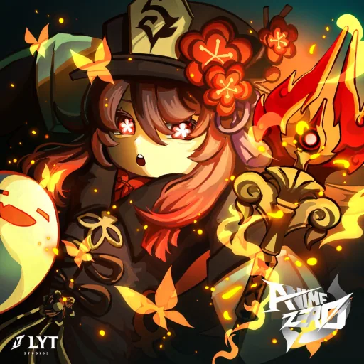 Update 1 icon: a girl in a plum-blossom hat holding a flaming staff beside a small ghost