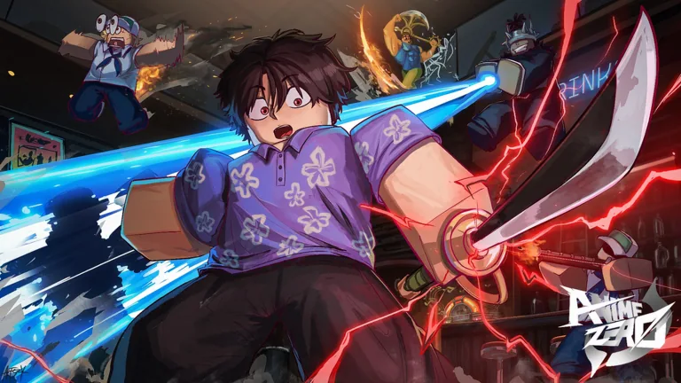 Anime Zero key art: a fighter in a purple floral shirt swings a curved blade through blue and red energy