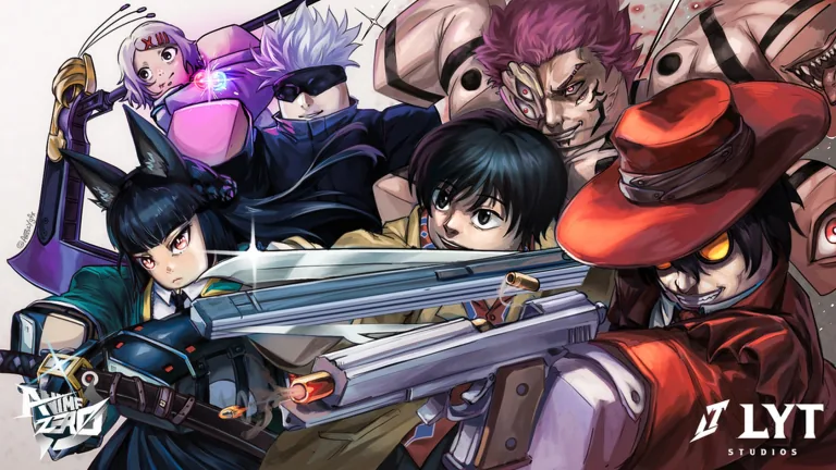 Anime Zero roster art: a fox-eared swordswoman, a red-hatted gunman and a four-armed fighter beside the LYT Studios logo