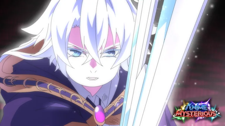 White-haired sword fighter with pink markings and a glowing blade