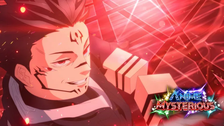 Red cursed-energy fighter with four forehead marks among pink cubes
