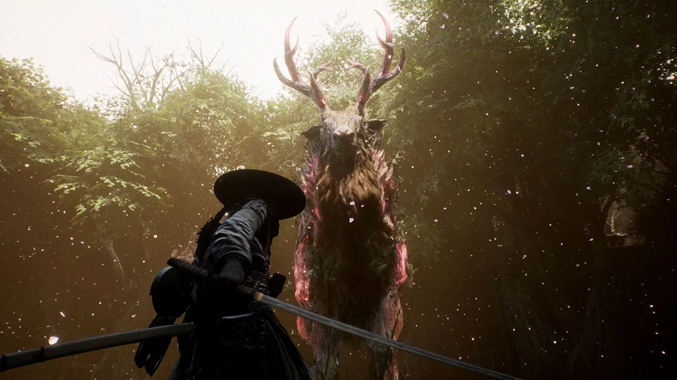 Official Xbox gallery image of Emma facing a horned creature in the forest.