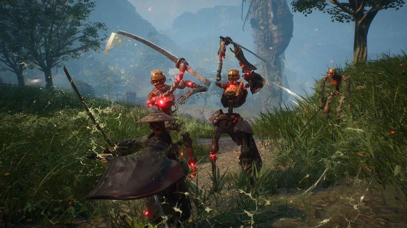 Official Xbox gallery image of Emma fighting robots through tall grass.