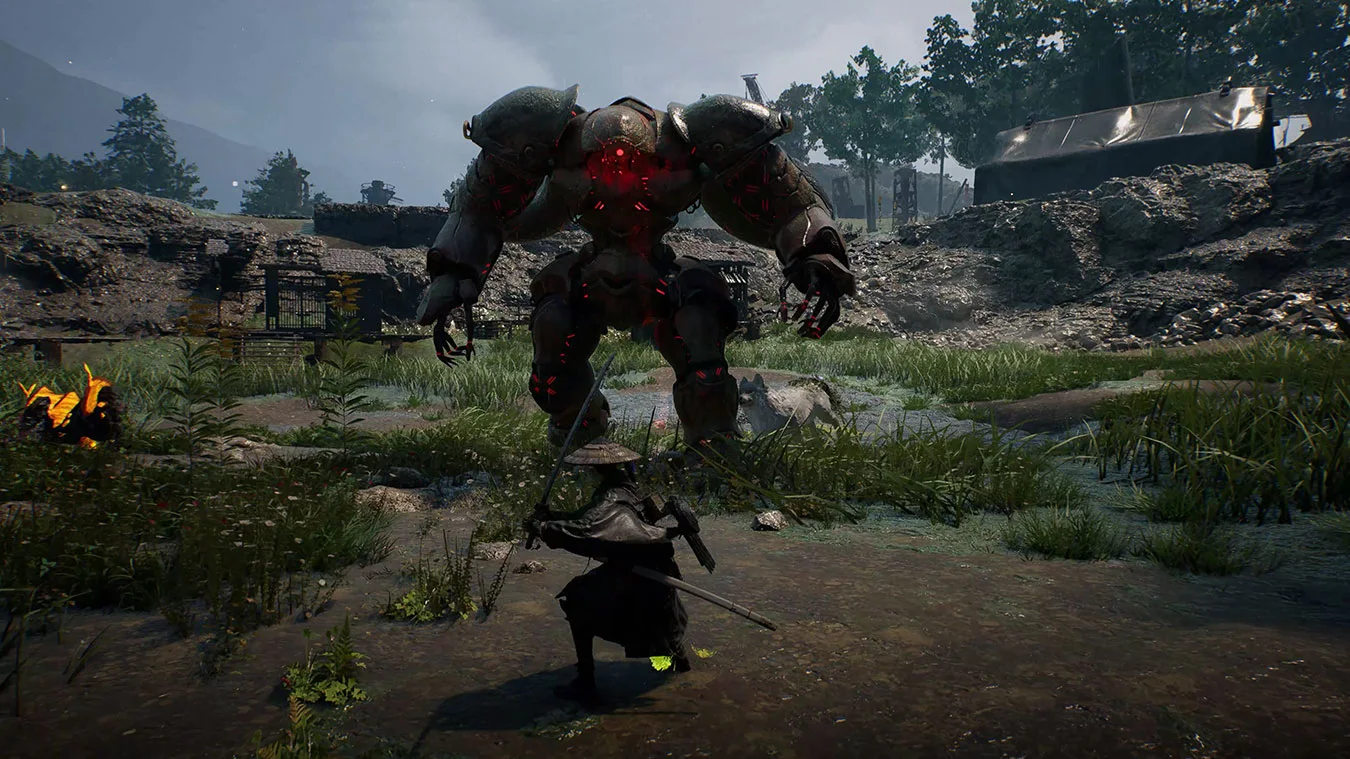 Official Xbox gallery image of Emma and Koo fighting an armored robot in marshland.