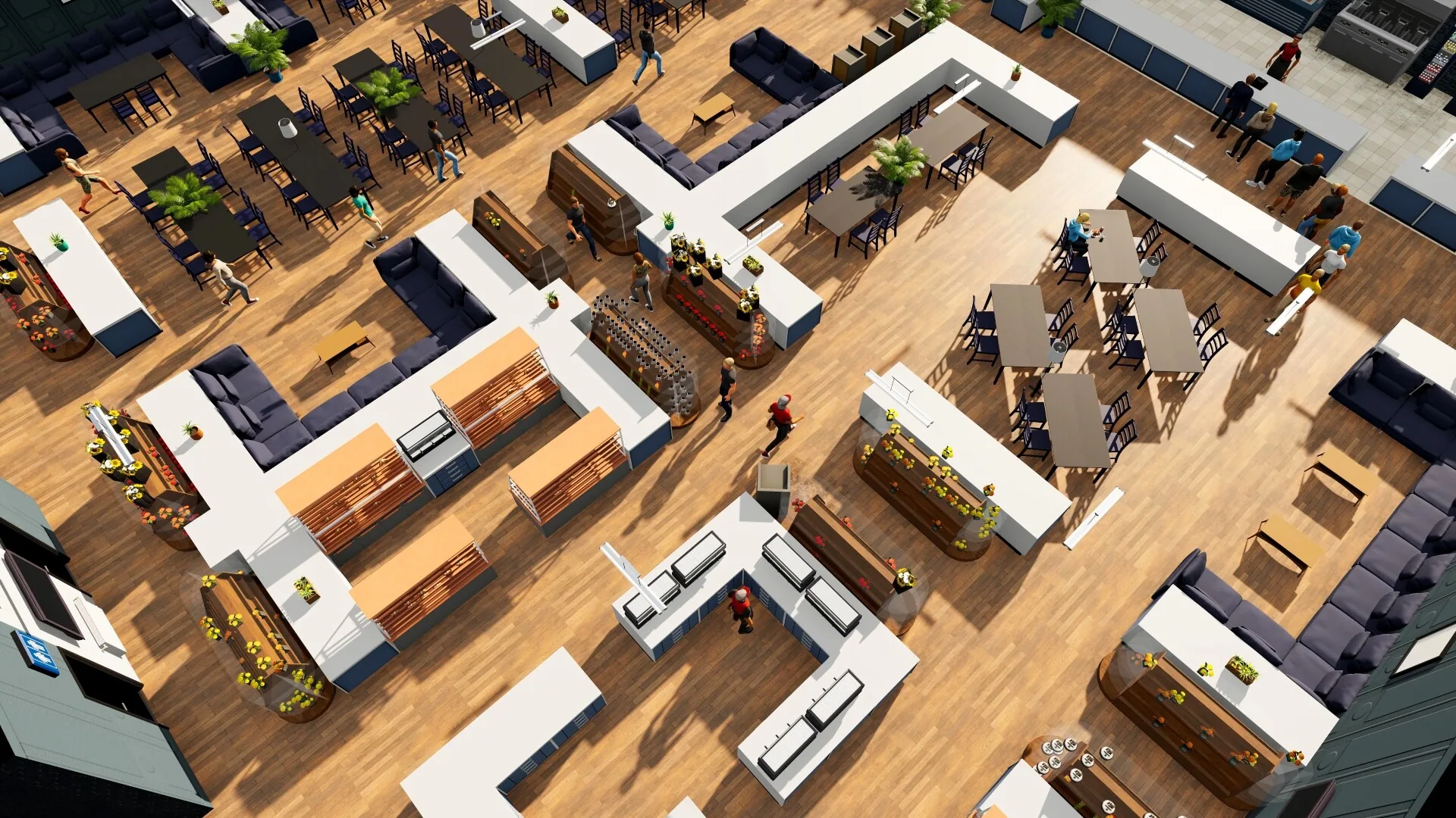 Overhead of a furnished Big Ambitions retail floor with wood, sofas, produce racks, checkouts and NPC shoppers.