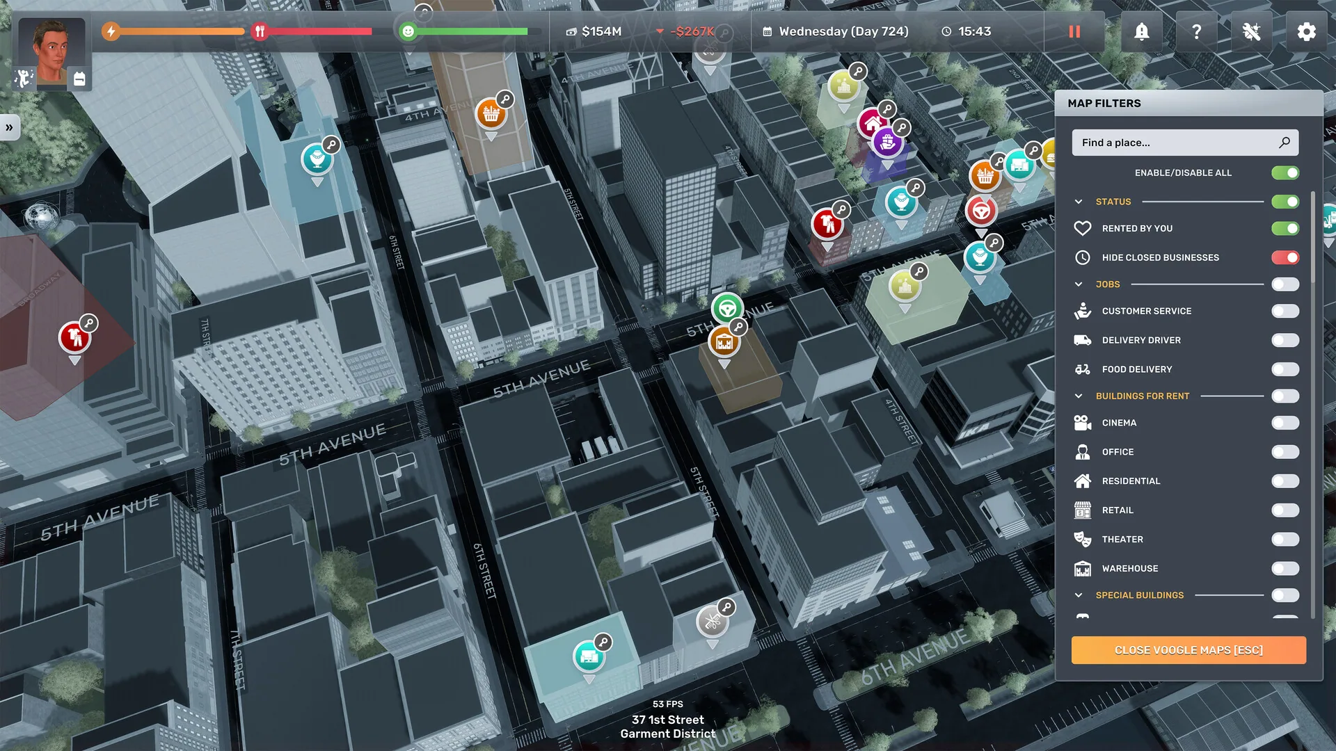 Voogle Maps overlay of Garment District at 37 1st Street with MAP FILTERS for jobs, cinema, office, retail, theater, warehouse and food delivery.