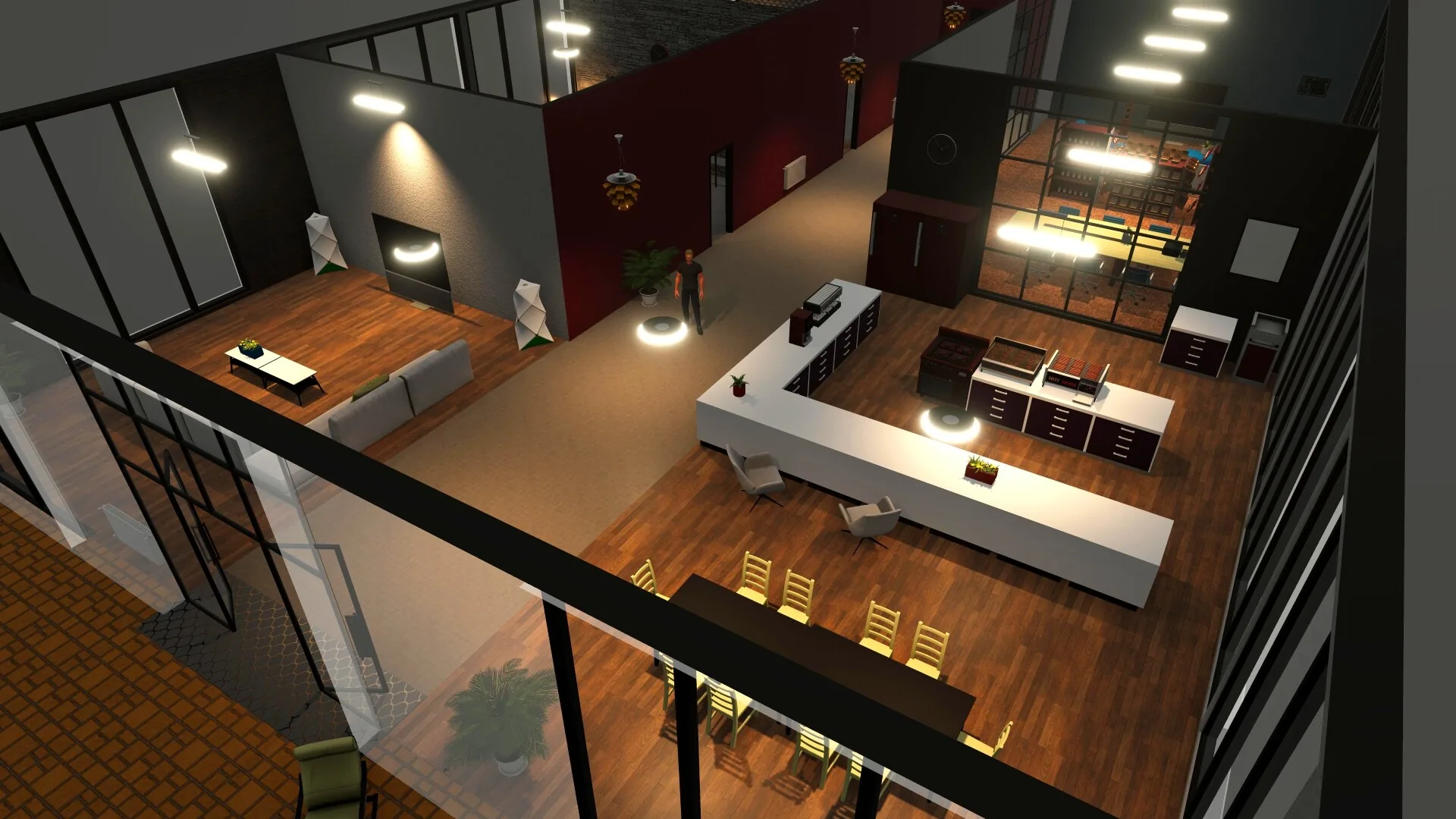 Upper-floor luxury apartment with an open kitchen island, dining table and glass mezzanine.