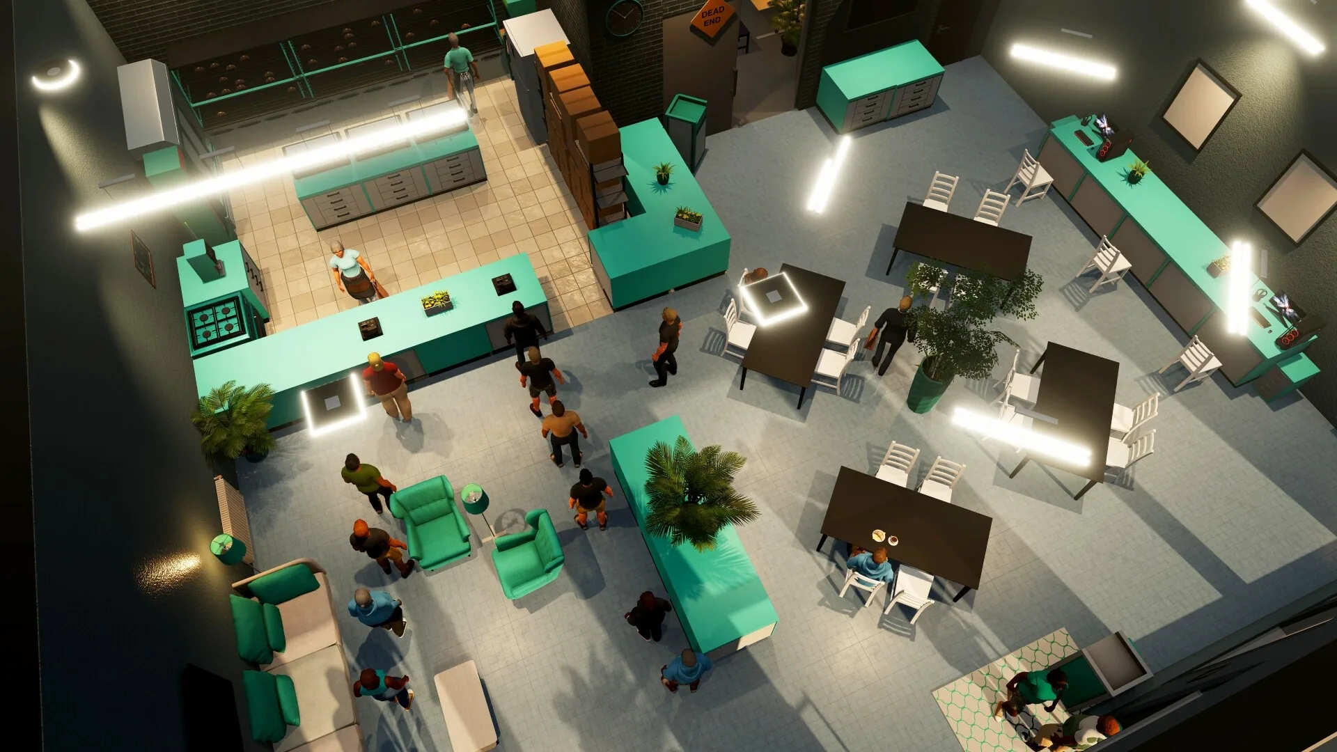 Teal cafe/bar interior with a service counter, kitchen, tables and NPC customers.