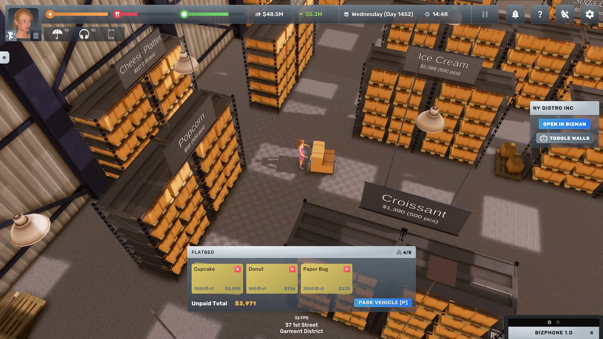 NY Distro Inc warehouse in Garment District with labelled pallets, a flatbed shopping list and Open in BizMan.