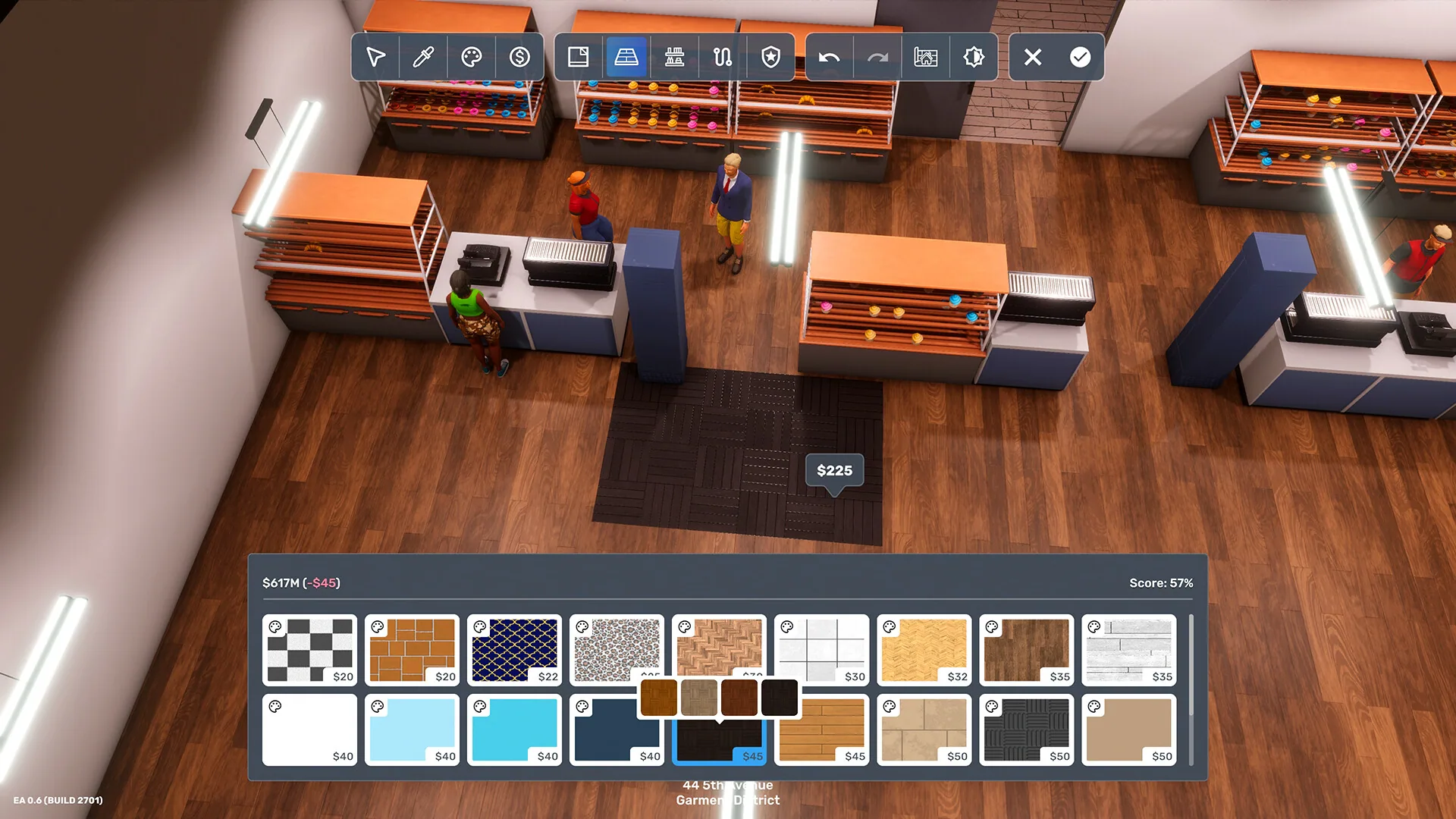 Interior designer overlay in a Garment District shop choosing a $225 floor tile; EA 0.6 watermark.