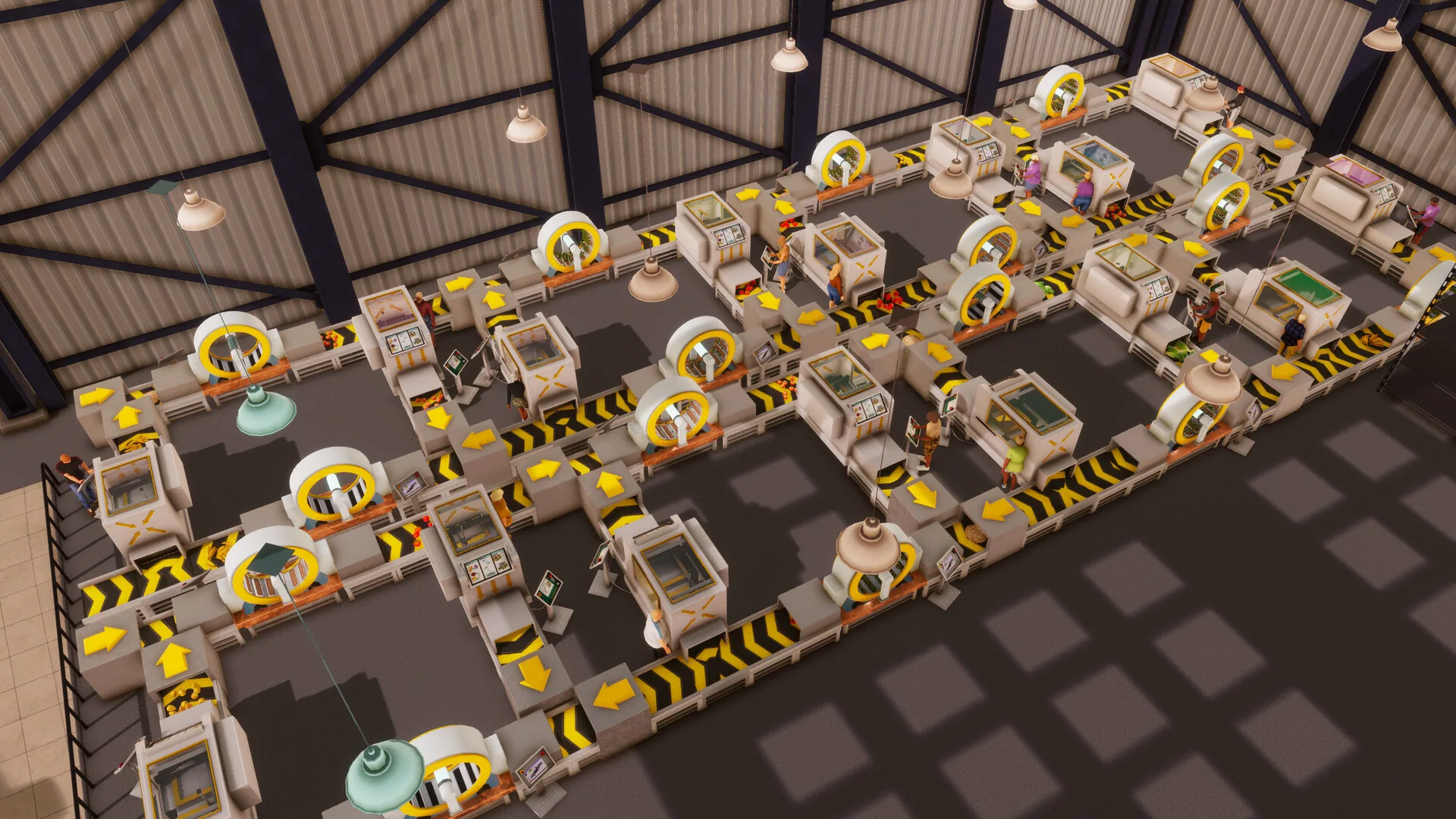 Factory floor of looping conveyor belts, yellow hazard arrows and circular processing machines with workers.