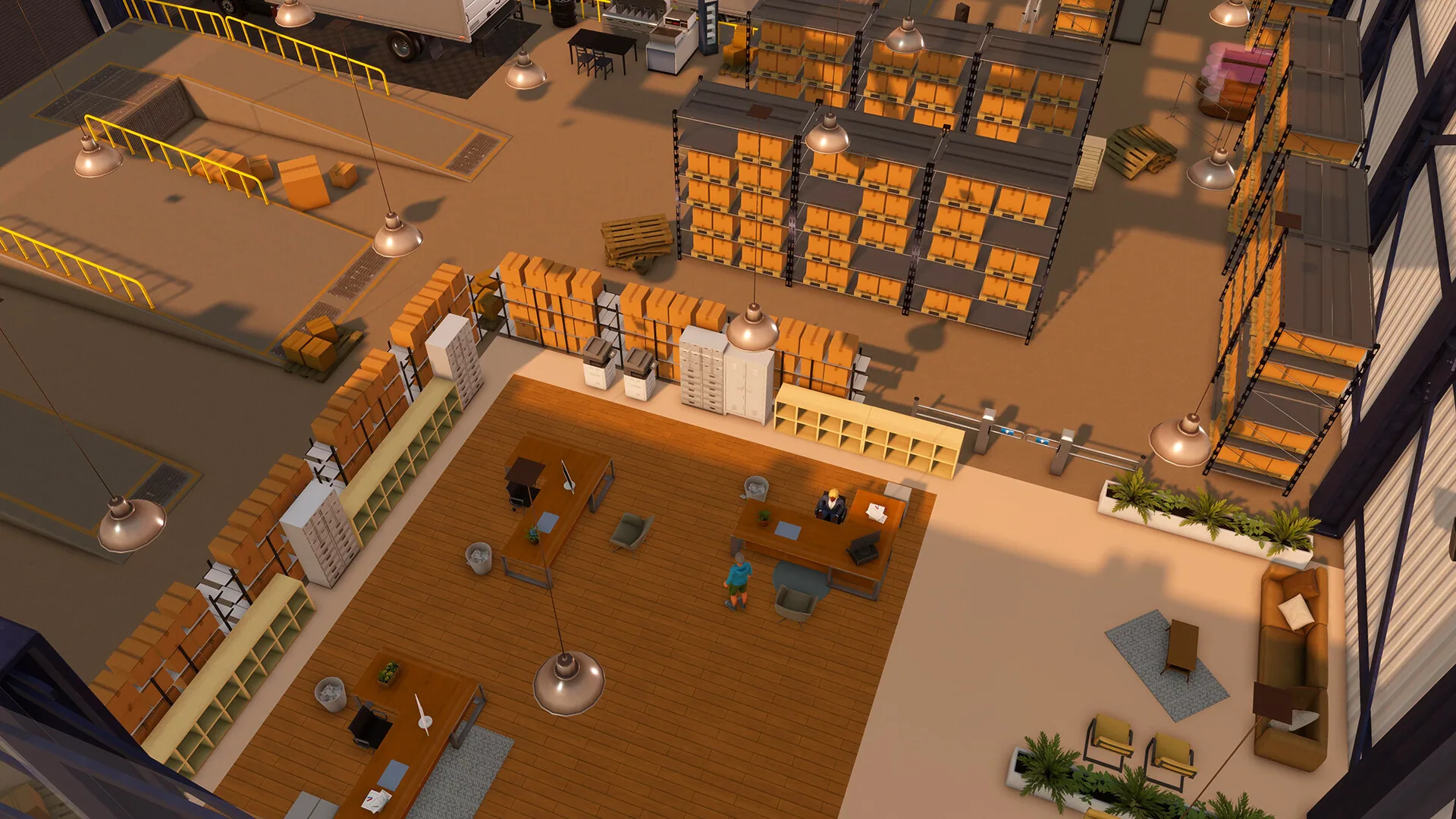 Warehouse office with wooden desks, filing cabinets, a sofa waiting area and pallet racks of cardboard boxes.