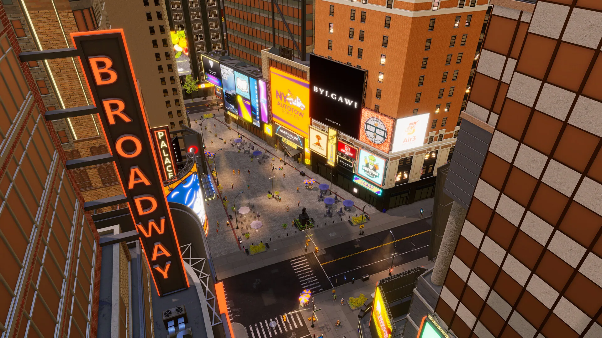 Night Broadway Palace marquee over a packed pedestrian plaza with billboards including BYLGAVI and NY Autopilot.