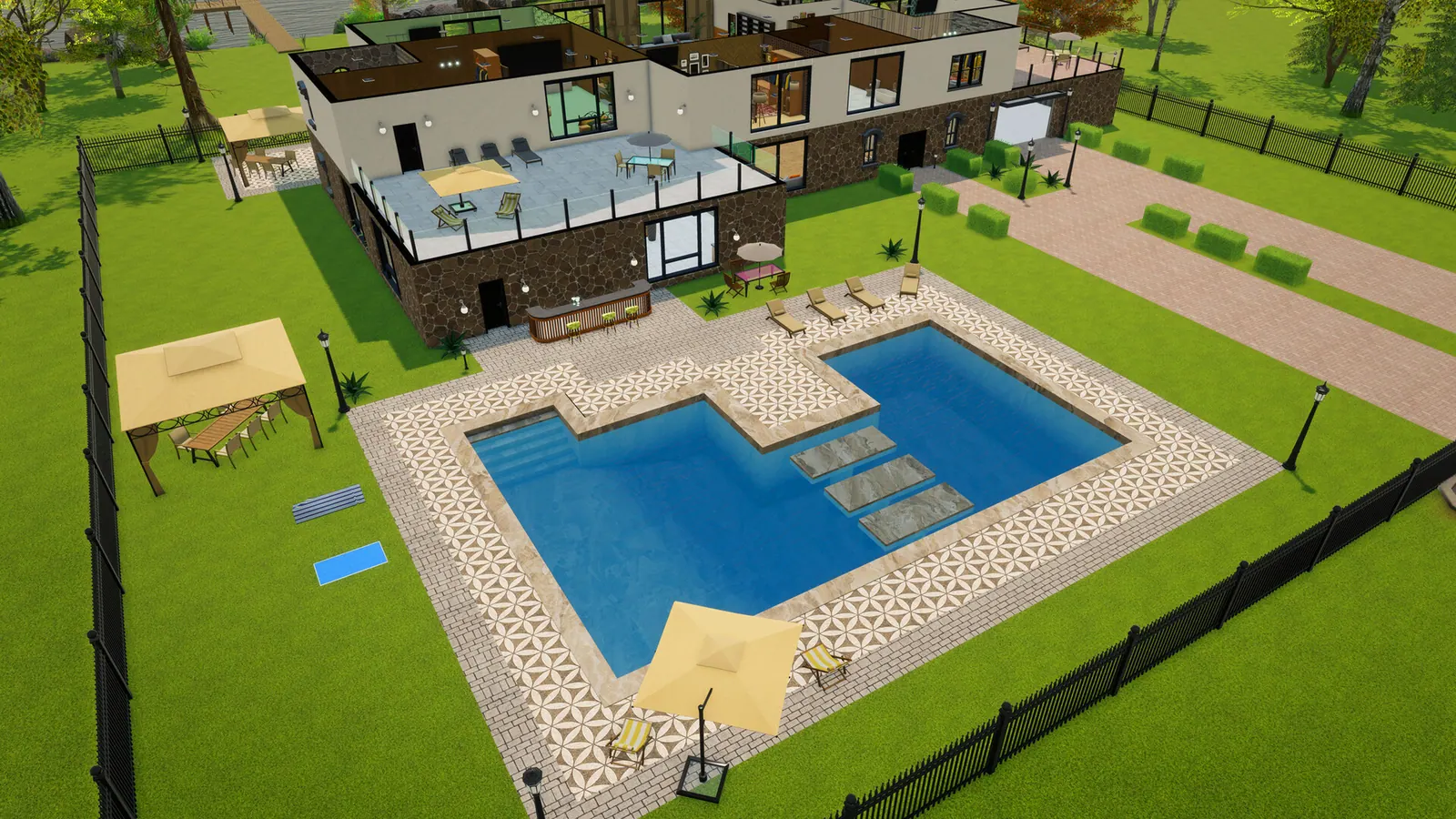 Hamptons mansion with a stone pool, stepping stones, lounge chairs, cabana and black perimeter fence.
