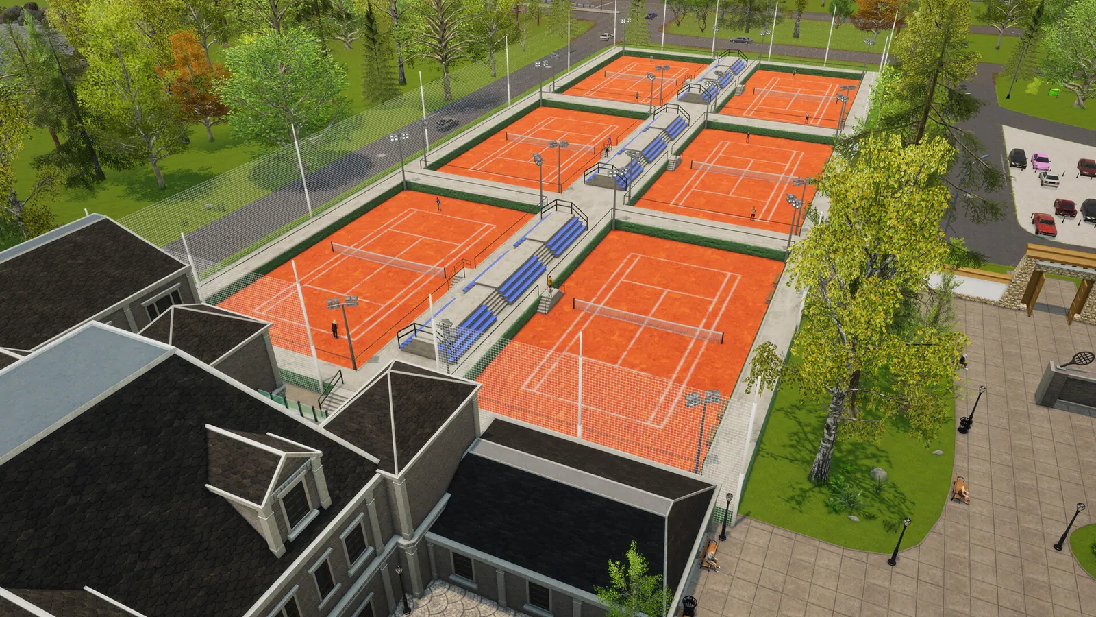 Six orange Hamptons tennis courts with blue bleachers beside a dark-roofed clubhouse.