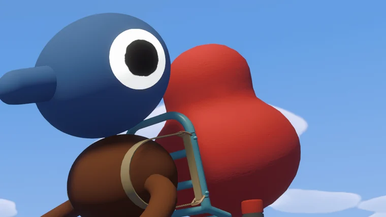 A character wearing a backpack frame with a large red buoy strapped to it
