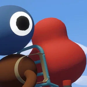 A character wearing a backpack frame with a large red buoy strapped to it