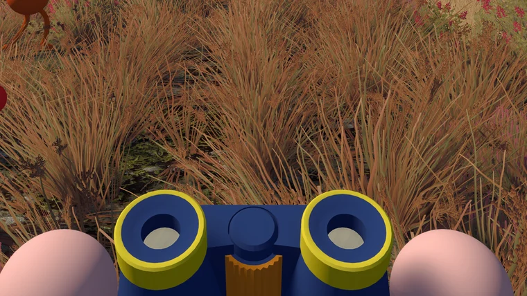 First-person view through Big Walk binoculars: a blue and yellow pair held up to the character's face, framing dry grassland