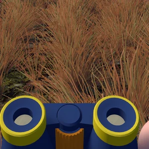 First-person view through Big Walk binoculars: a blue and yellow pair held up to the character's face, framing dry grassland