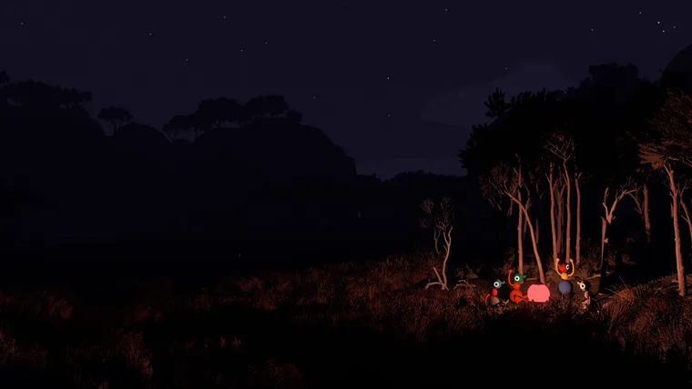 Characters gathered in the bush