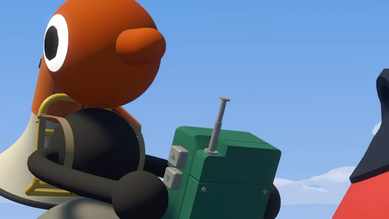 A character carrying a green field radio with a raised antenna