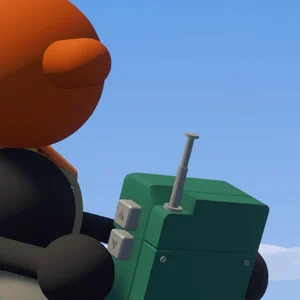 A character carrying a green field radio with a raised antenna
