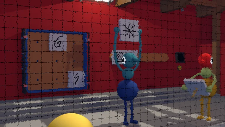 A Big Walk character holding up a white board with a drawing on it, inside a red-walled room with a pinboard on the wall