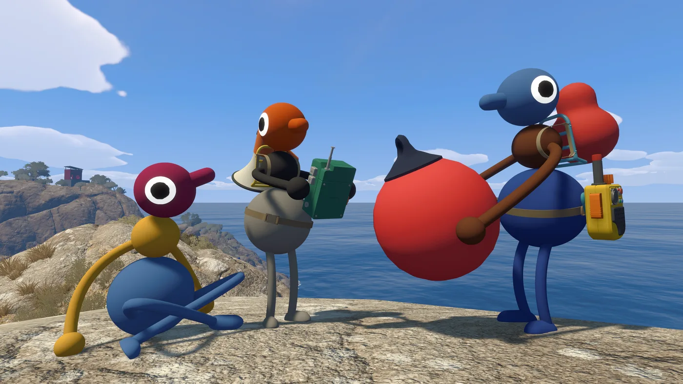Four Big Walk characters on a granite headland above the sea. One carries a green field radio, one wears a backpack frame with a large red buoy strapped to it, and one has a yellow device on its hip (June 2026 build)
