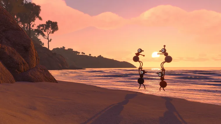 Two Big Walk characters standing in shallow water at sunset, silhouetted against the sun with a wooded headland behind them (June 2026 build)