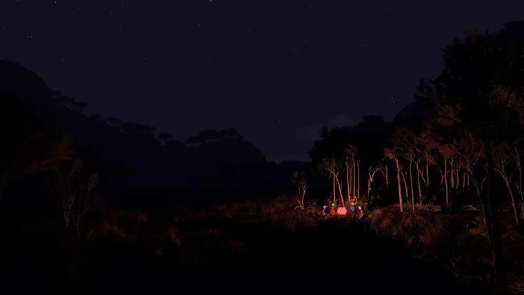 Big Walk at night: a dark bushland ridge under a starry sky, with a small firelit clearing and figures gathered around it in the distance (June 2026 build)