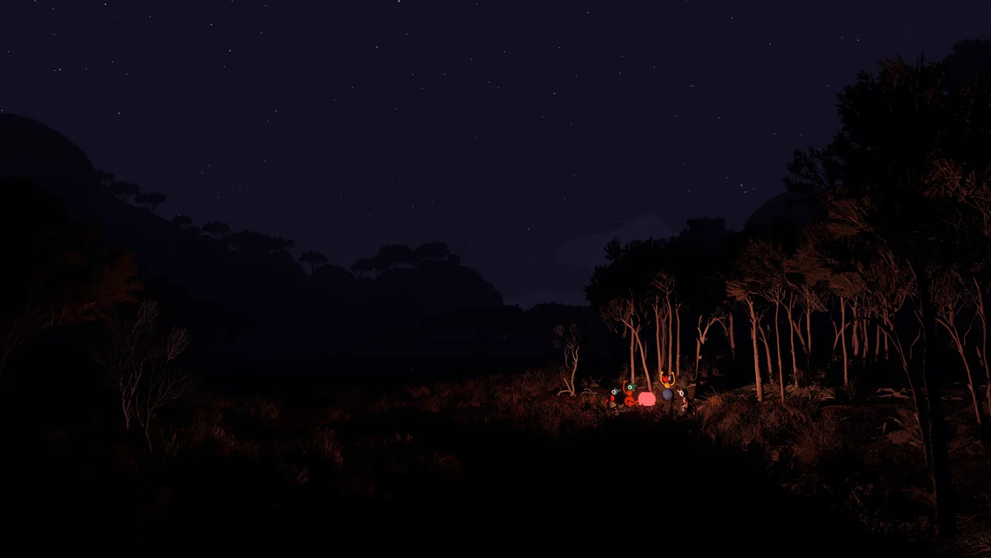 Big Walk at night: a dark bushland ridge under a starry sky, with a small firelit clearing and figures gathered around it in the distance (June 2026 build)