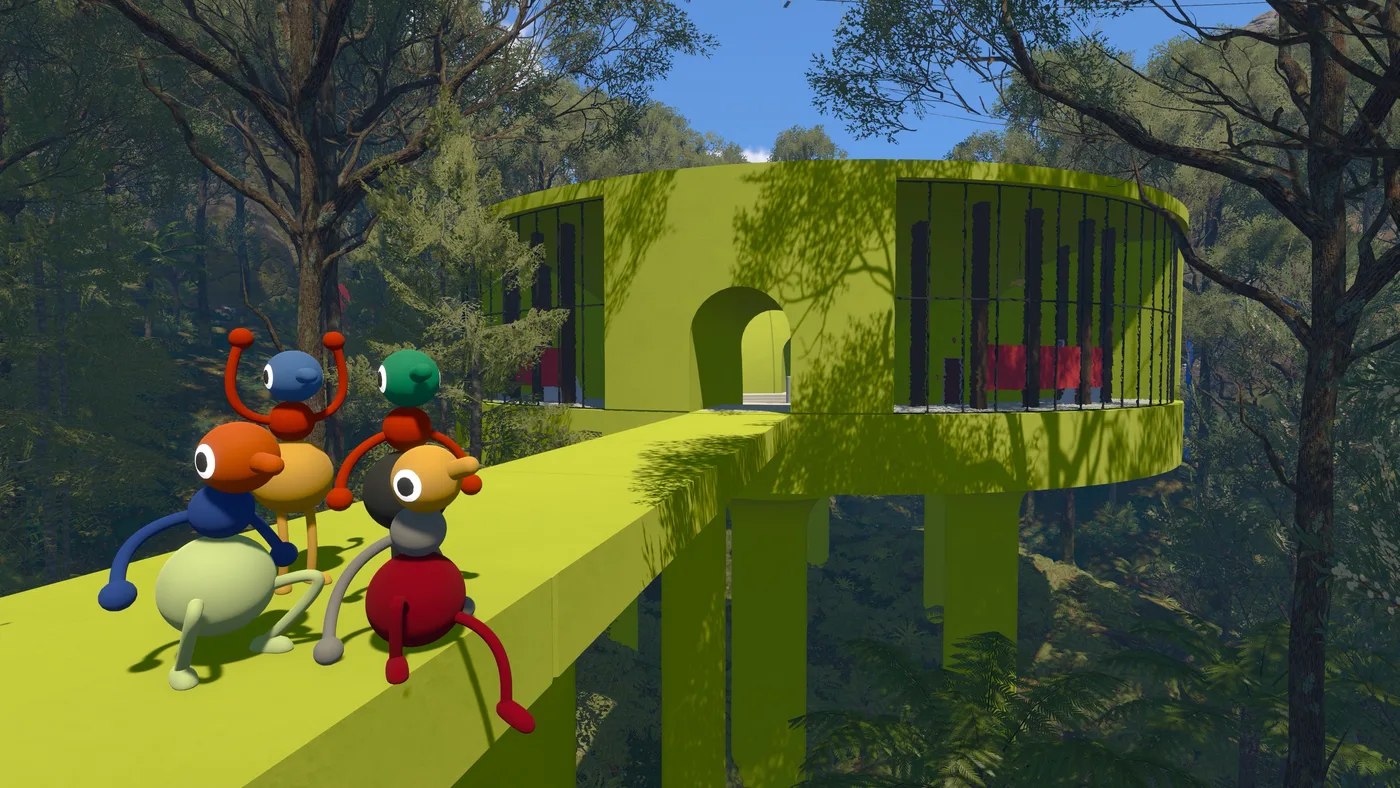 Four Big Walk characters sitting along the rail of a bright yellow-green elevated walkway, facing a circular tower of the same colour among eucalyptus trees (June 2026 build)