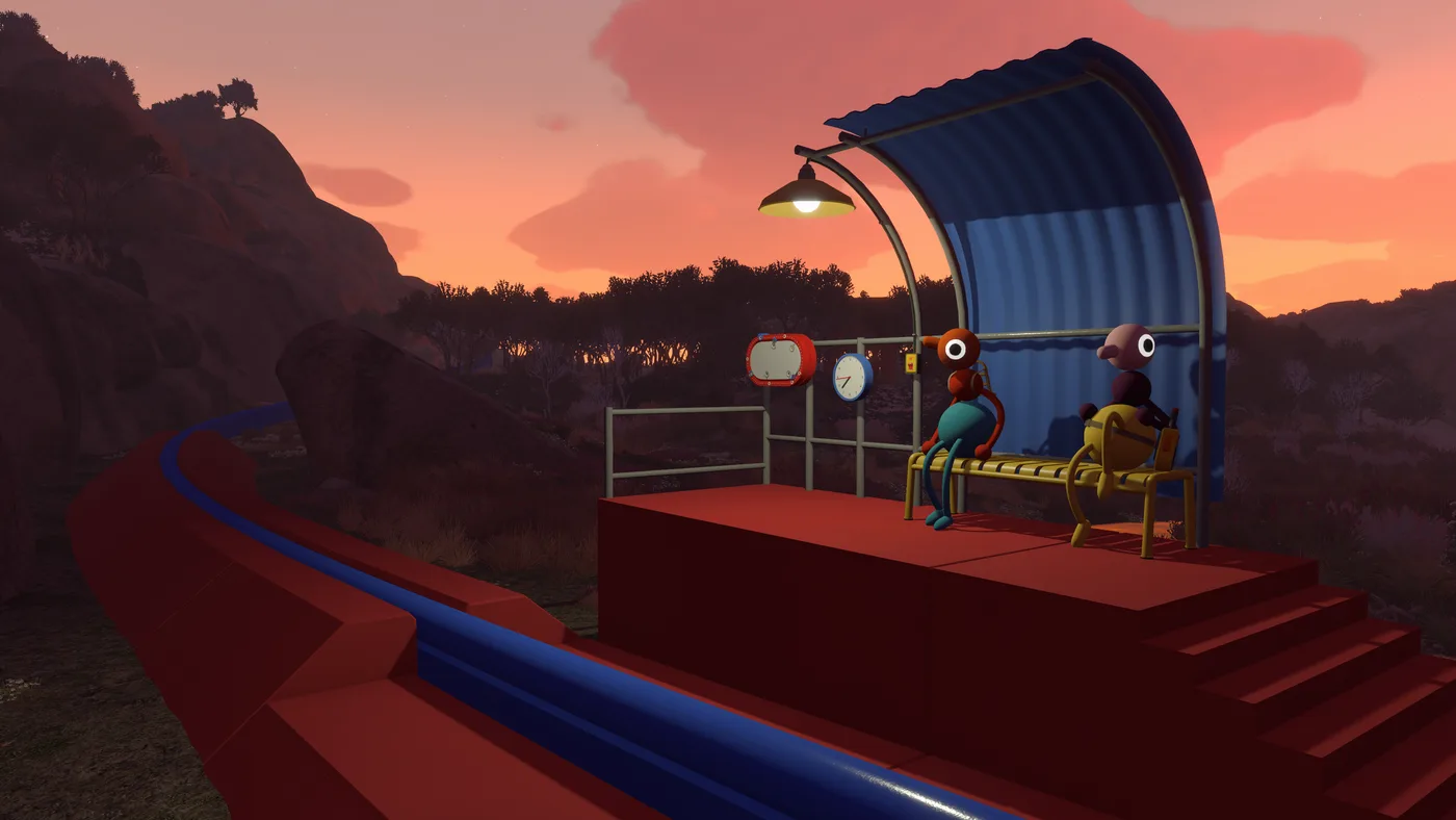 A red platform with a curved blue steel shelter at sunset, two characters sitting on a bench inside it. Blue and red rails run away into the gully (June 2026 build)