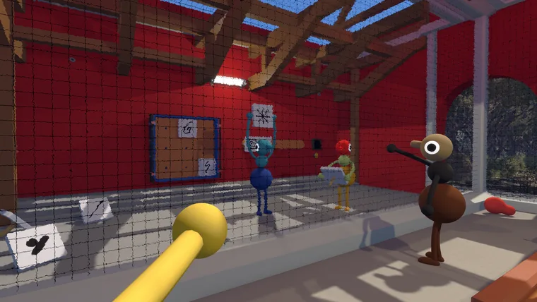 Inside a red-walled room with wire mesh: one character holds a white board up to show a drawing on it, another carries a board of its own, and a pinboard on the wall has papers pinned to it (June 2026 build)