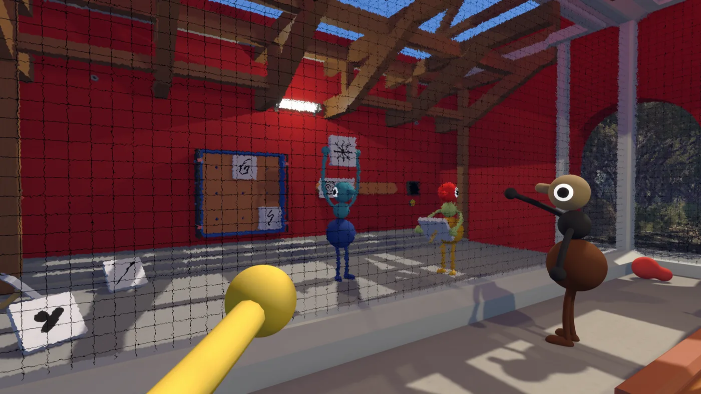Inside a red-walled room with wire mesh: one character holds a white board up to show a drawing on it, another carries a board of its own, and a pinboard on the wall has papers pinned to it (June 2026 build)