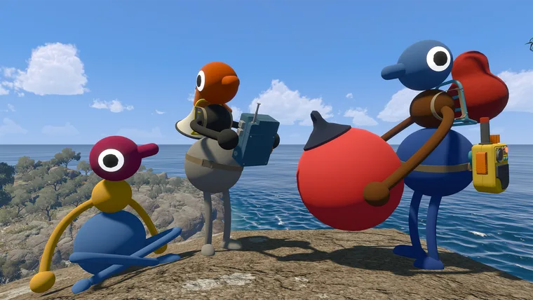 Four Big Walk characters on a granite headland above the sea. One carries a green field radio, one wears a backpack frame with a large red buoy strapped to it, and one has a yellow device on its hip (May 2025 build)