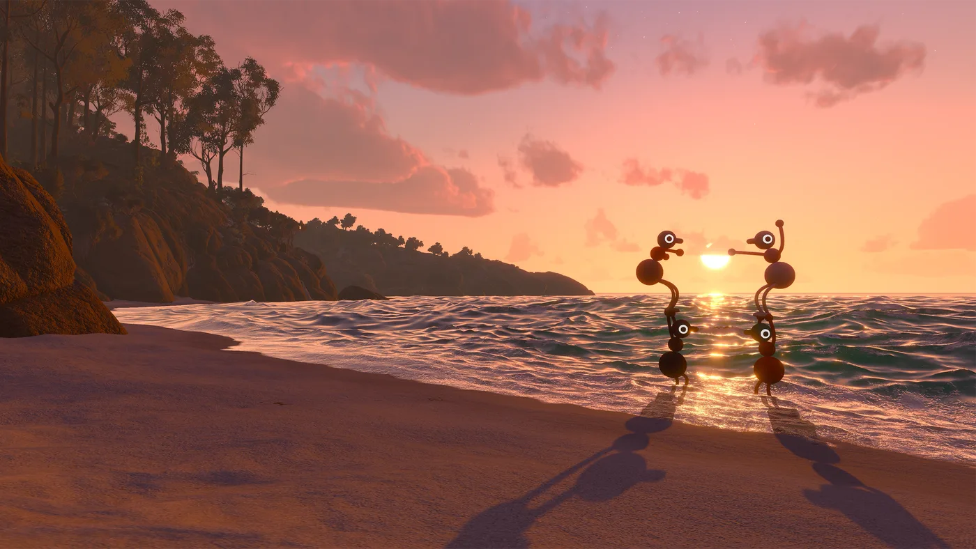 Two Big Walk characters standing in shallow water at sunset, silhouetted against the sun with a wooded headland behind them (May 2025 build)