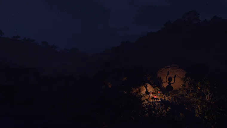Big Walk at night: a dark bushland ridge under a starry sky, with a small firelit clearing and figures gathered around it in the distance (May 2025 build)