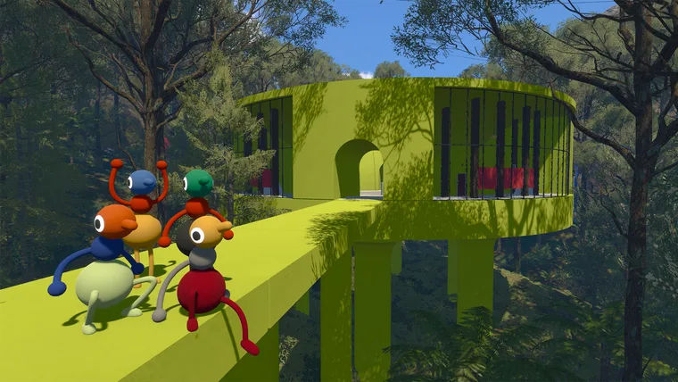 Four Big Walk characters sitting along the rail of a bright yellow-green elevated walkway, facing a circular tower of the same colour among eucalyptus trees (May 2025 build)