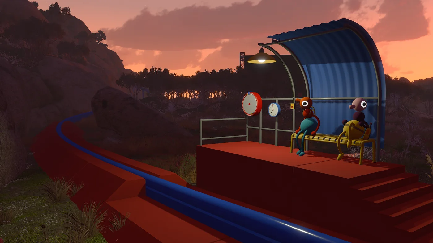 A red platform with a curved blue steel shelter at sunset, two characters sitting on a bench inside it. Blue and red rails run away into the gully (May 2025 build)