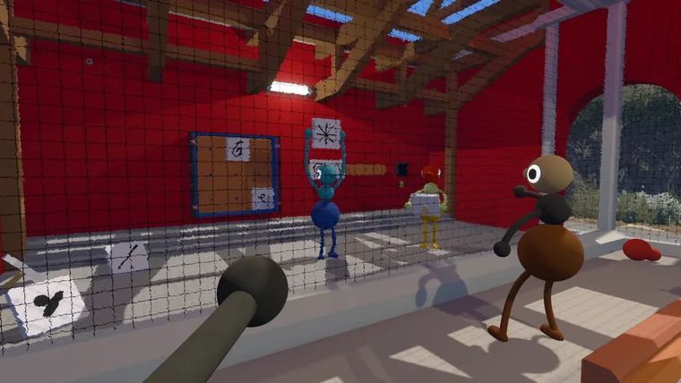 Inside a red-walled room with wire mesh: one character holds a white board up to show a drawing on it, another carries a board of its own, and a pinboard on the wall has papers pinned to it (May 2025 build)