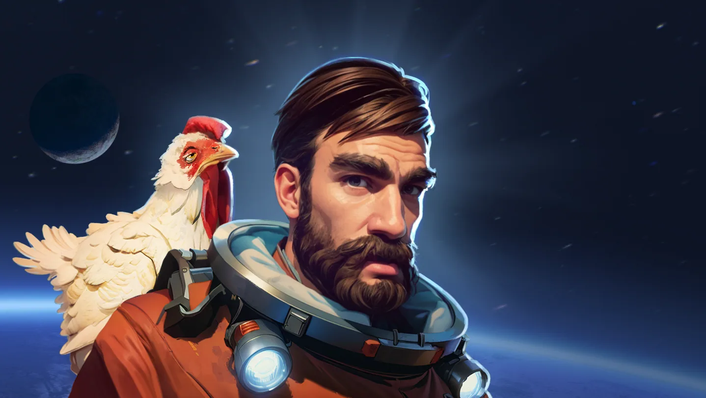 Painted key art of the bearded Man in an orange spacesuit with helmet lights, a white chicken on his shoulder, against a planet and stars.