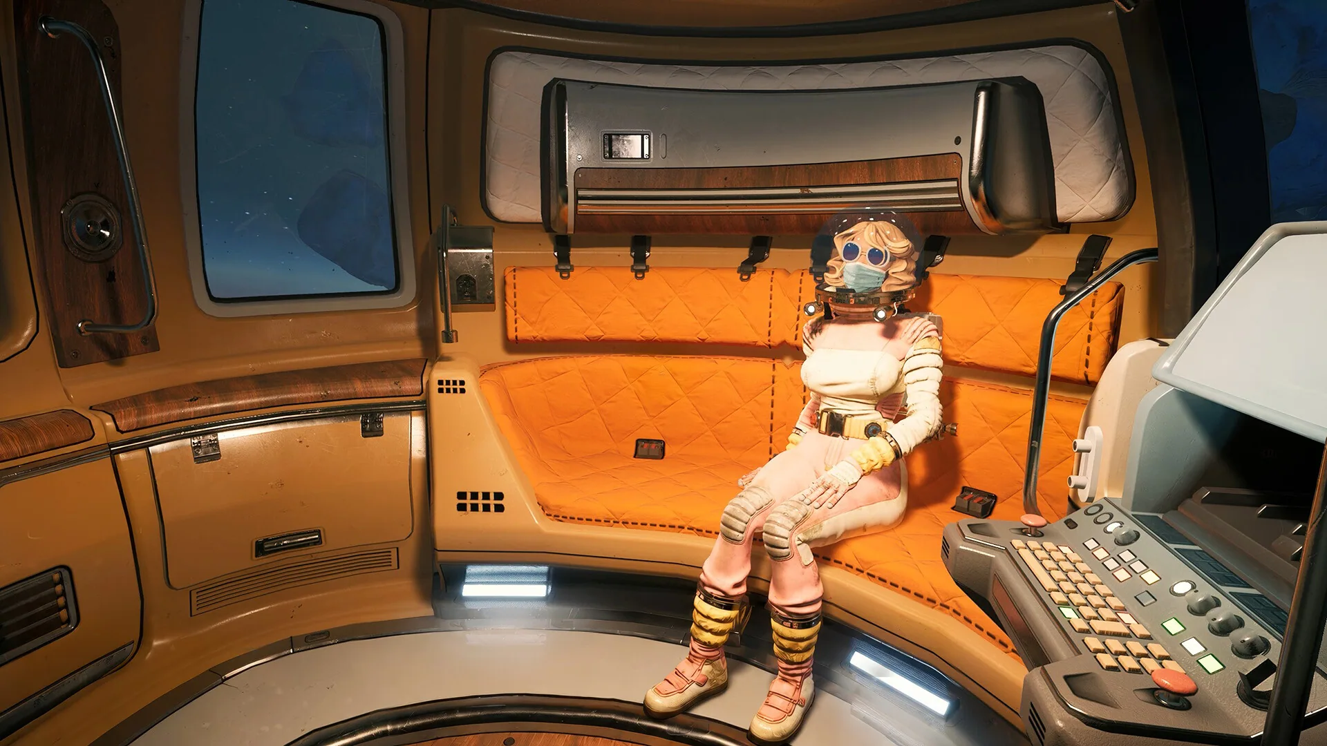A blonde crew member in a clear helmet and orange-white suit sits on quilted orange benches inside a wood-trimmed shuttle cabin.