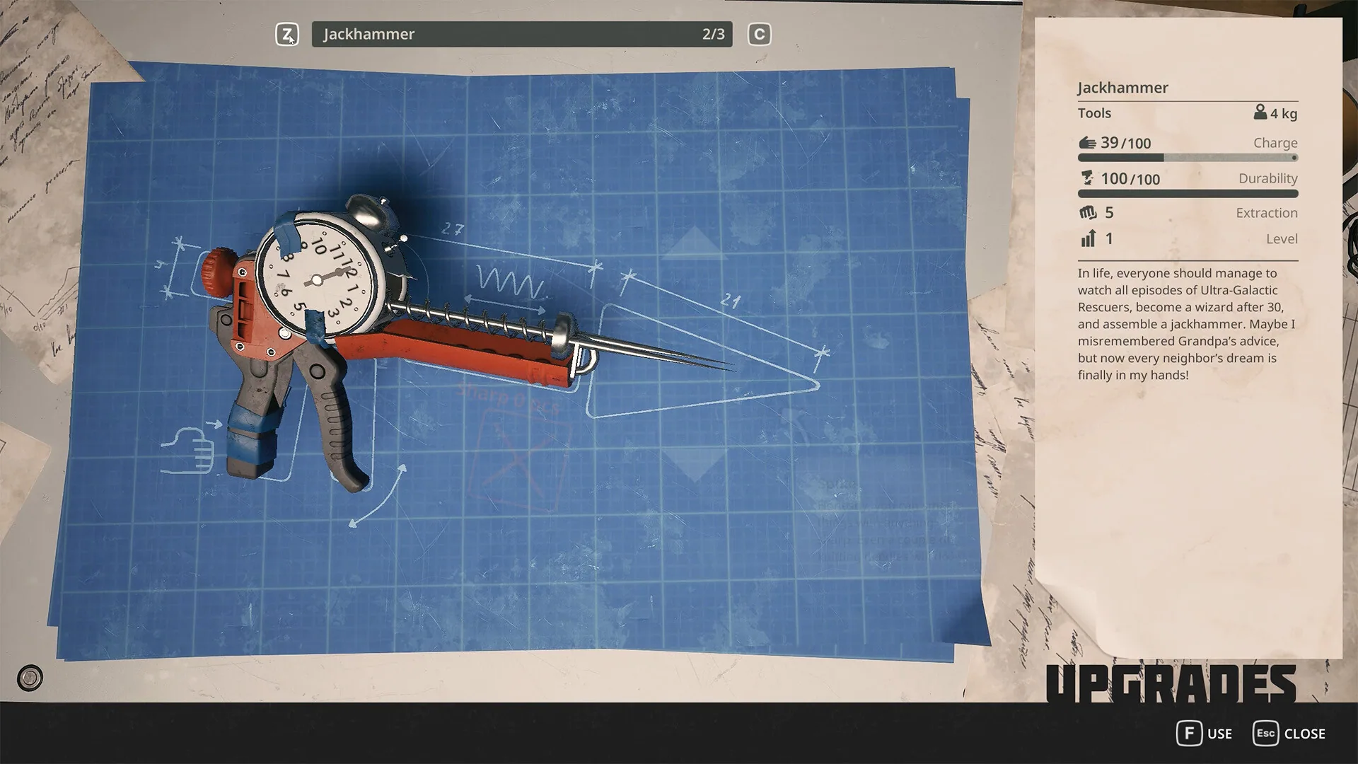 Upgrades UI for the Jackhammer tool: 4 kg, charge 39/100, durability 100/100, extraction 5, level 1, over a blueprint of a taped gauge-gun.