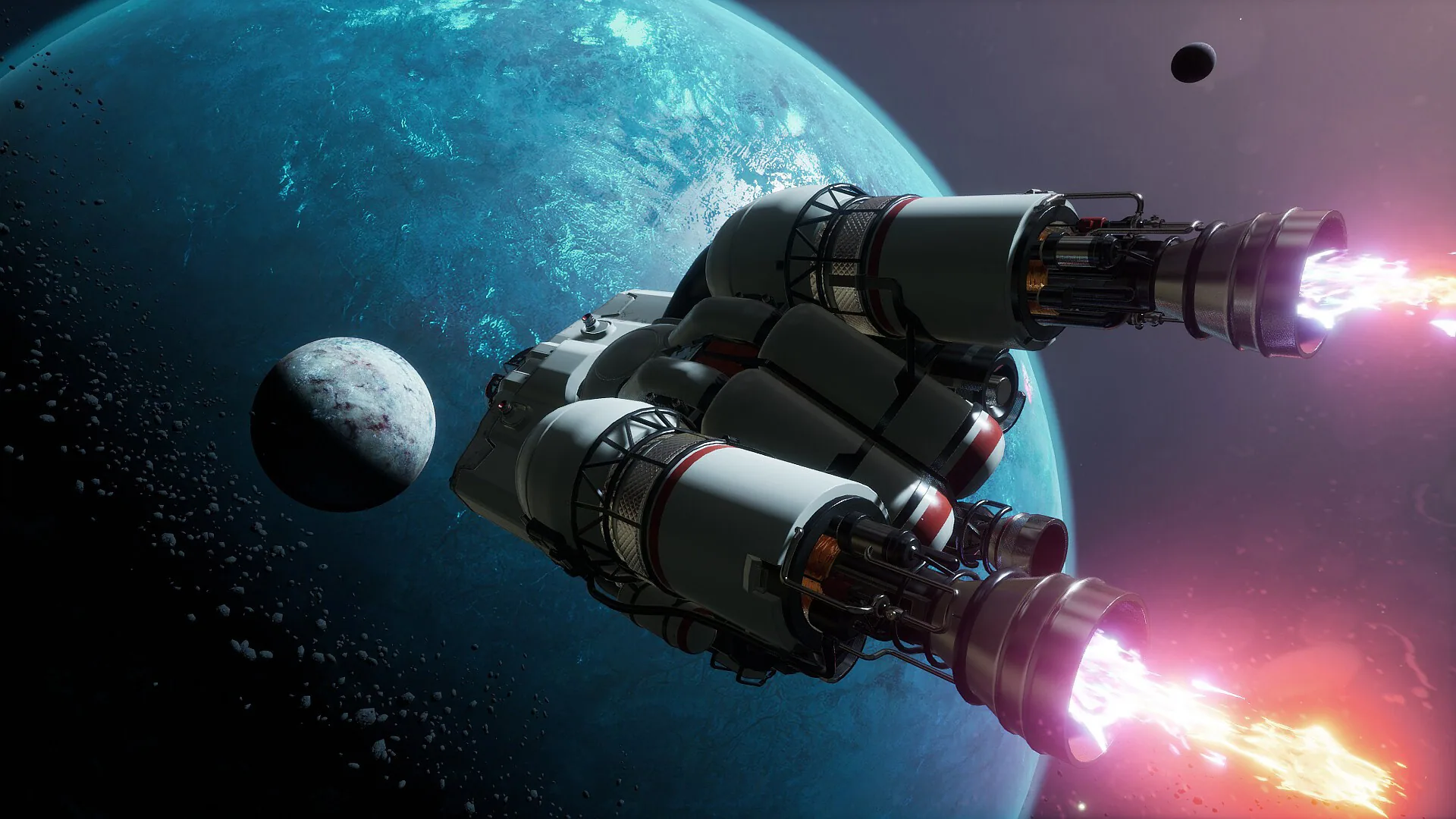 A white clustered spacecraft with four burning engines flies past a large blue planet, a grey moon and a distant body.