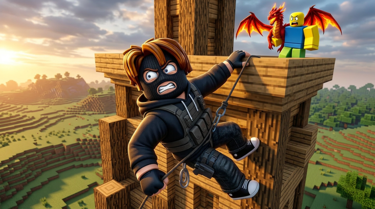Official Build a Base and Steal gallery image showing a robber climbing a timber base
