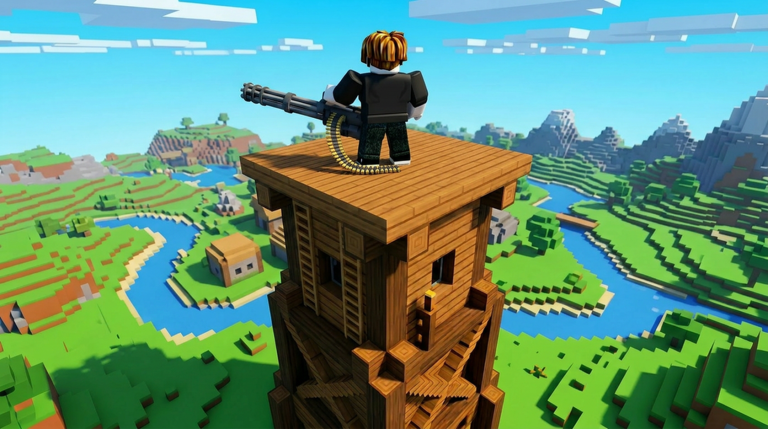 Official Build a Base and Steal gallery image showing a player defending a tall timber base
