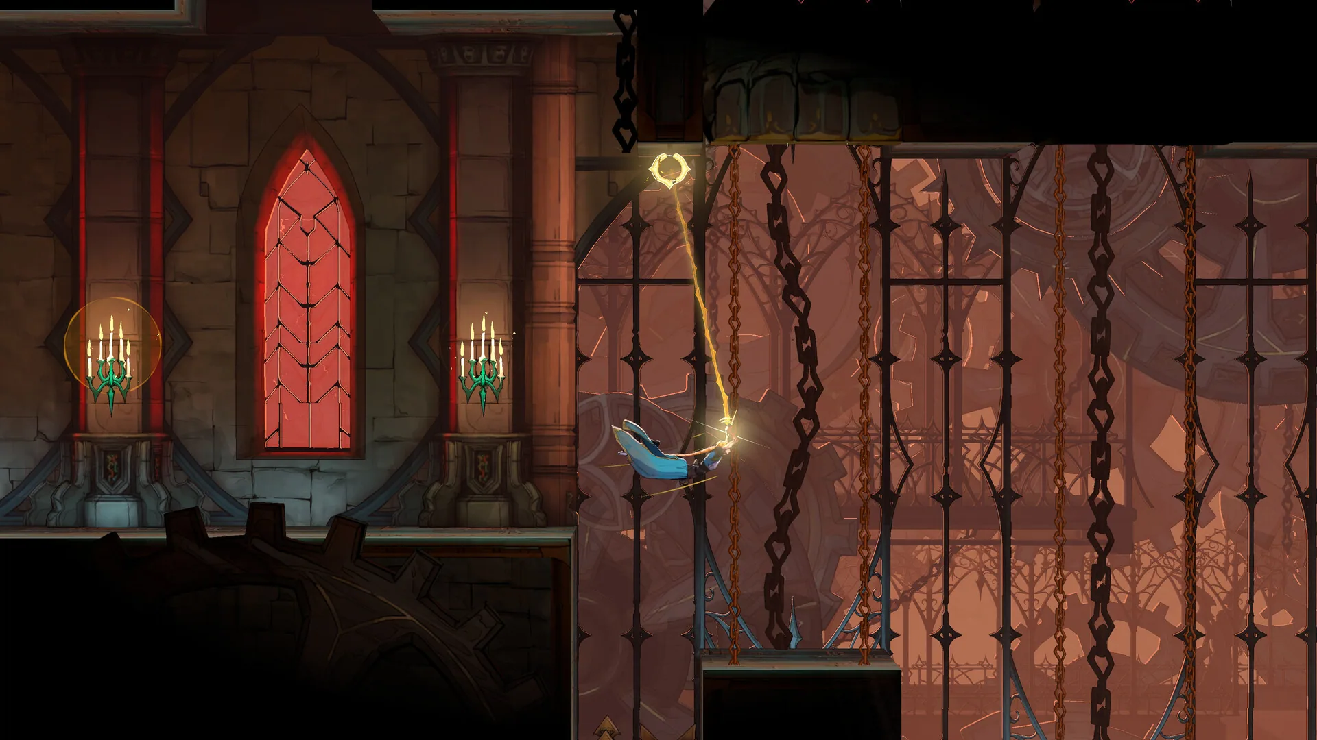 Hunter in a blue coat swinging on a glowing chain in a gothic hall