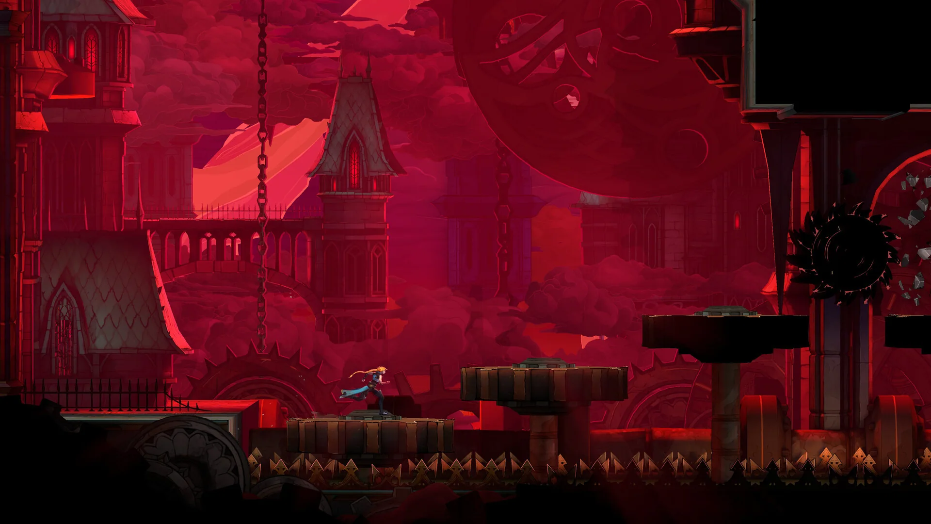 Blonde hunter in blue running across gears under a crimson gothic city